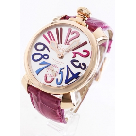 ガガミラノコピー腕時計 マニュアーレ48mm 手巻き スモールセコンド レザー ピンク/PGPシルバー メンズ 5011.09S